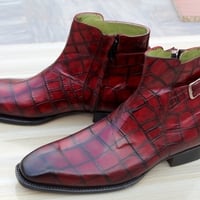 Crafted Leather Handmade Red Crocodile Leather Monk Shoes Side Zipper Ankle High Jodhpur Dress Boot - Thumbnail 2