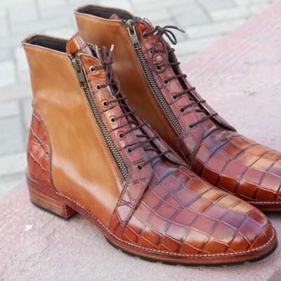 Crafted leather handmade men brown crocodile leather zipper ankle high boot