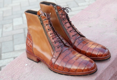Crafted Leather Handmade Men Brown Crocodile Leather Zipper Ankle High Boot