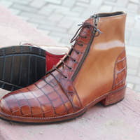 Crafted Leather Handmade Men Brown Crocodile Leather Zipper Ankle High Boot - Thumbnail 1