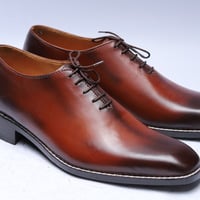 Crafted Leather Classic Men Brown Patina Leather Norwegian Welted Dress Shoes - Thumbnail 1