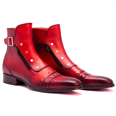 Crafted leather handmade men classic red leather jodhpur boot with zipper and button