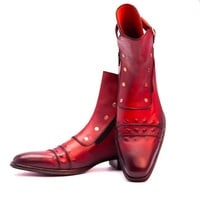 Crafted Leather Handmade Men Classic Red Leather Jodhpur Boot with Zipper and Button - Thumbnail 6