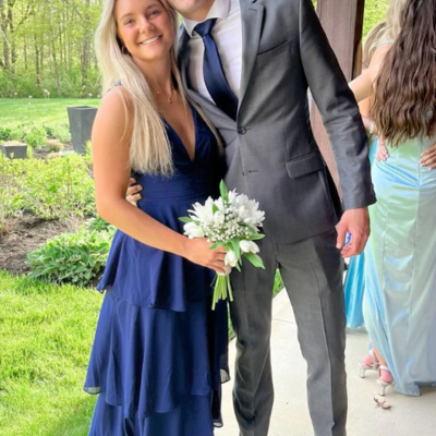 A-line v neck navy blue tiered chiffon prom dress