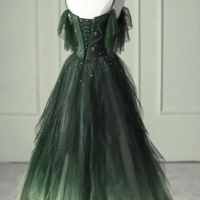 A Line Dark Green Ombre Straps V Neck Tulle Layered Long Prom Dress - Thumbnail 1