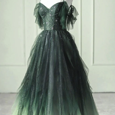 A line dark green ombre straps v neck tulle layered long prom dress