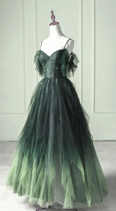 A Line Dark Green Ombre Straps V Neck Tulle Layered Long Prom Dress