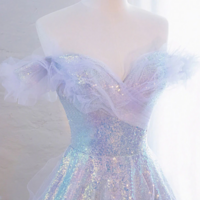 Off Shoulder Purple Sequin Tulle Long Prom Dresses - Thumbnail 1