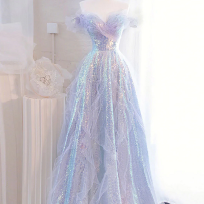 Off shoulder purple sequin tulle long prom dresses