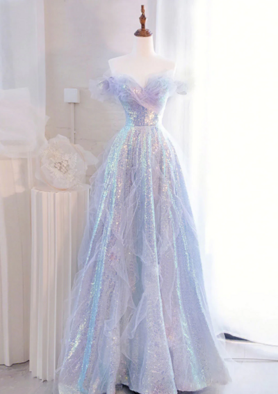 Off Shoulder Purple Sequin Tulle Long Prom Dresses