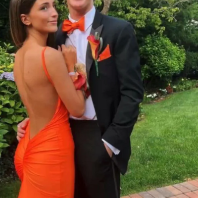 Sexy orange open back mermaid long prom dresses