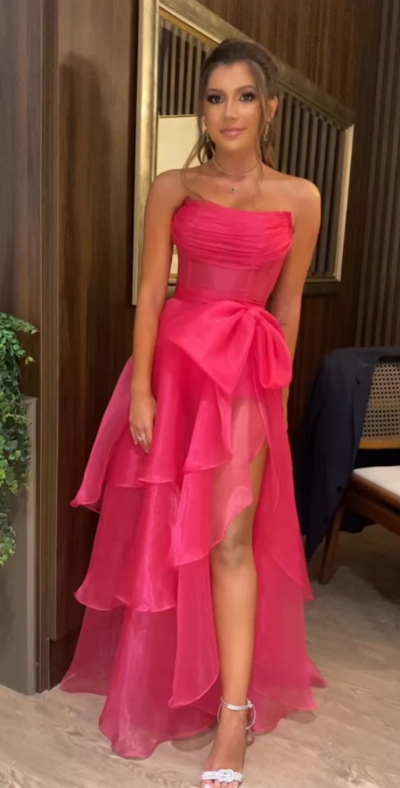 Sweet Pink Organza Sleeveless Strapless Split Prom Dresses