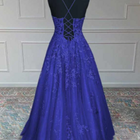 A Ling V Neck Royal Blue Prom Dress With Lace Appliques  - Thumbnail 1
