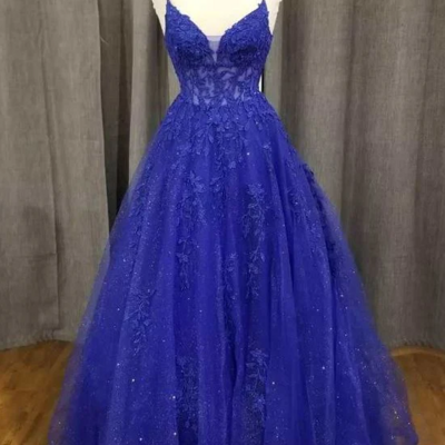 A ling v neck royal blue prom dress with lace appliques 