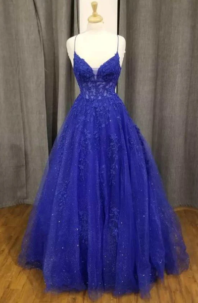 A Ling V Neck Royal Blue Prom Dress With Lace Appliques 