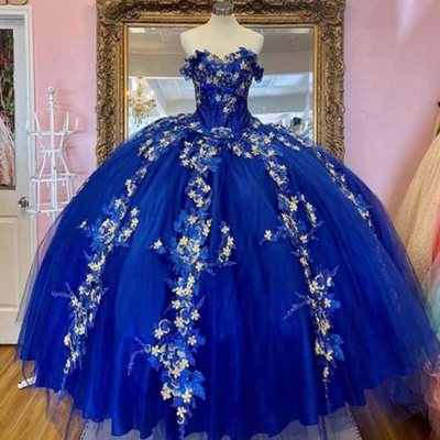Off the shoulder royal blue ball gown quinceanera dresses with 3d flowers sweet 16 dress - Thumbnail 1