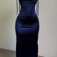 Sheath Spaghetti Straps Backless Navy Blue Satin Prom Evening Dress - Thumbnail 1