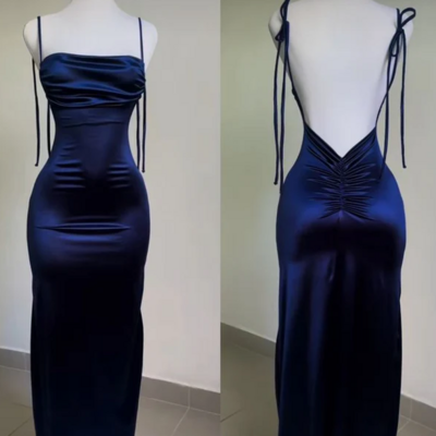 Sheath spaghetti straps backless navy blue satin prom evening dress - Thumbnail 1