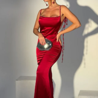 Sheath Spaghetti Straps Backless Navy Blue Satin Prom Evening Dress - Thumbnail 3