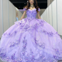 Sparkly Off The Shoulder Light Blue Lace Appliques Prom Dress Quinceañera Dress With Flowers - Thumbnail 2