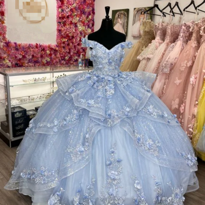 Sparkly off the shoulder light blue lace appliques prom dress quinceañera dress with flowers - Thumbnail 1