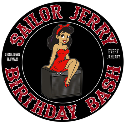 Sailor jerry birthday bash pinup circle design t-shirt // traditional cut (full-color on white or black fabric)