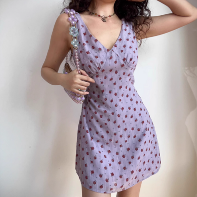Sexy v-neck purple printed tie waist casual short skirt dress