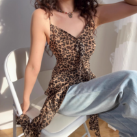 Retro style irregular hem ribbon hot girl sexy slim leopard print suspenders - Thumbnail 1