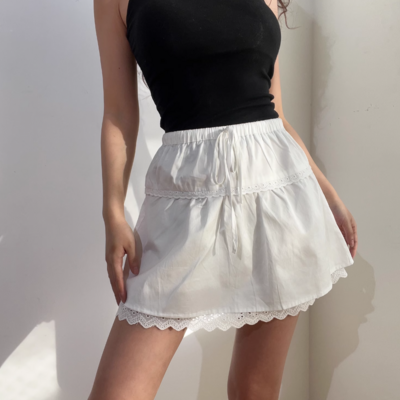 Retro patchwork ruffle lace elastic waist skirt