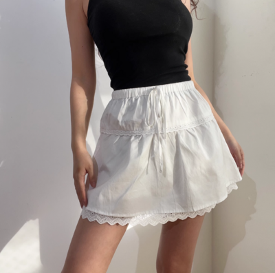 Retro patchwork ruffle lace elastic waist skirt