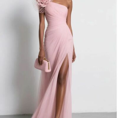 Pink sheath prom dresses one shoulder handmade flower evening gowns formal party gowns - Thumbnail 2