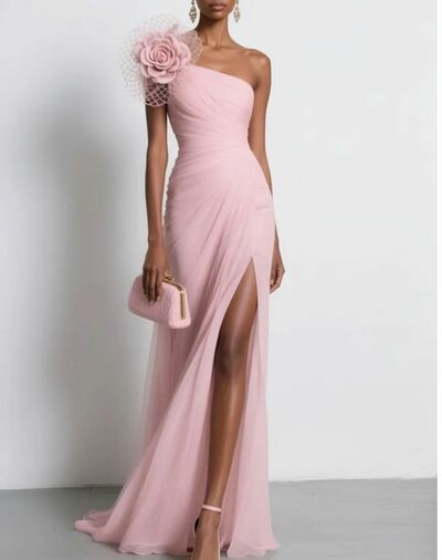 Pink Sheath Prom Dresses One Shoulder Handmade Flower Evening Gowns Formal Party Gowns