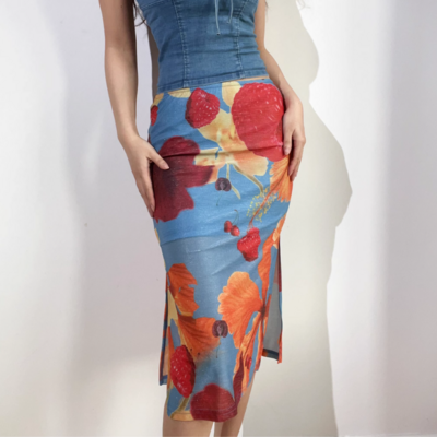 High waist printed skirt, feminine and fashionable hip-hugging long skirt