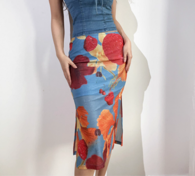 High waist printed skirt, feminine and fashionable hip-hugging long skirt