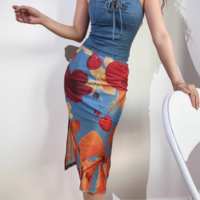 High waist printed skirt, feminine and fashionable hip-hugging long skirt - Thumbnail 5