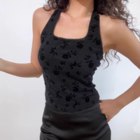 Sexy backless lace flocking slim halter neck vest - Thumbnail 1