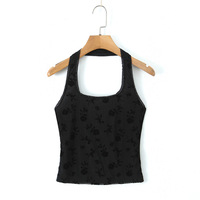 Sexy backless lace flocking slim halter neck vest - Thumbnail 4