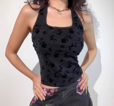 Sexy backless lace flocking slim halter neck vest