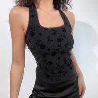 Sexy backless lace flocking slim halter neck vest - Thumbnail 6