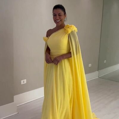 Yellow sheath prom dresses one shoulder handmade flower evening gowns formal party gowns