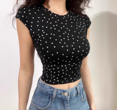 Simple basic polka dot round neck short sleeves