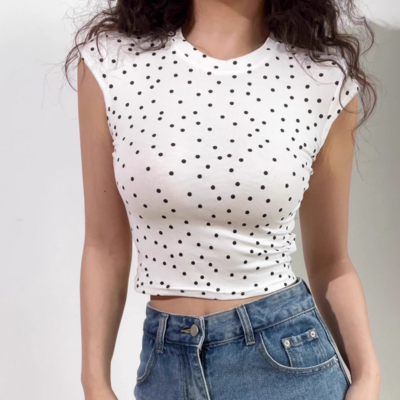 Simple basic polka dot round neck short sleeves