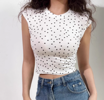 Simple basic polka dot round neck short sleeves