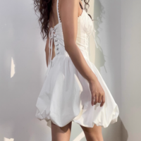 Back drawstring lace patchwork herringbone waist suspender dress - Thumbnail 2