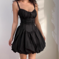 Back drawstring lace patchwork herringbone waist suspender dress - Thumbnail 4