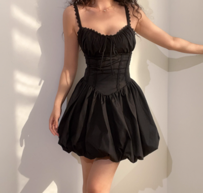 Back drawstring lace patchwork herringbone waist suspender dress