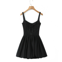 Back drawstring lace patchwork herringbone waist suspender dress - Thumbnail 5
