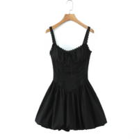 Back drawstring lace patchwork herringbone waist suspender dress - Thumbnail 6