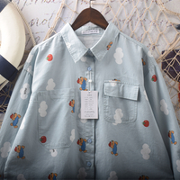 Blue sky white clouds bear graffiti print blouses - Thumbnail 6