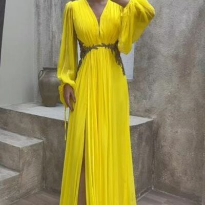 Yellow a line chiffon prom dresses evening gowns formal party gowns - Thumbnail 2